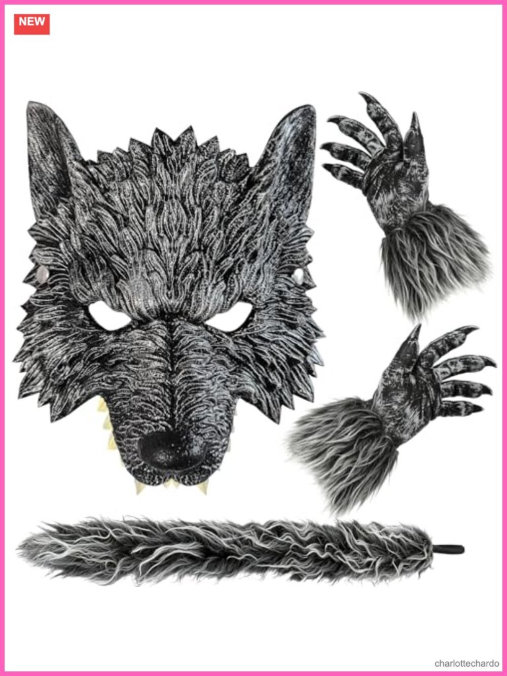 Wolf Costume Set 4PCS Latex Mask Claw Gloves Tail Cosplay Party